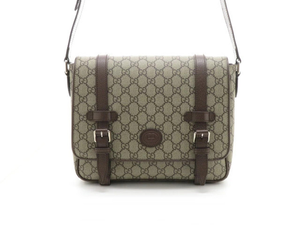 Gucci GG Supreme Messenger Bag Beige Cream Ebony Shoulder Canvas Calfskin